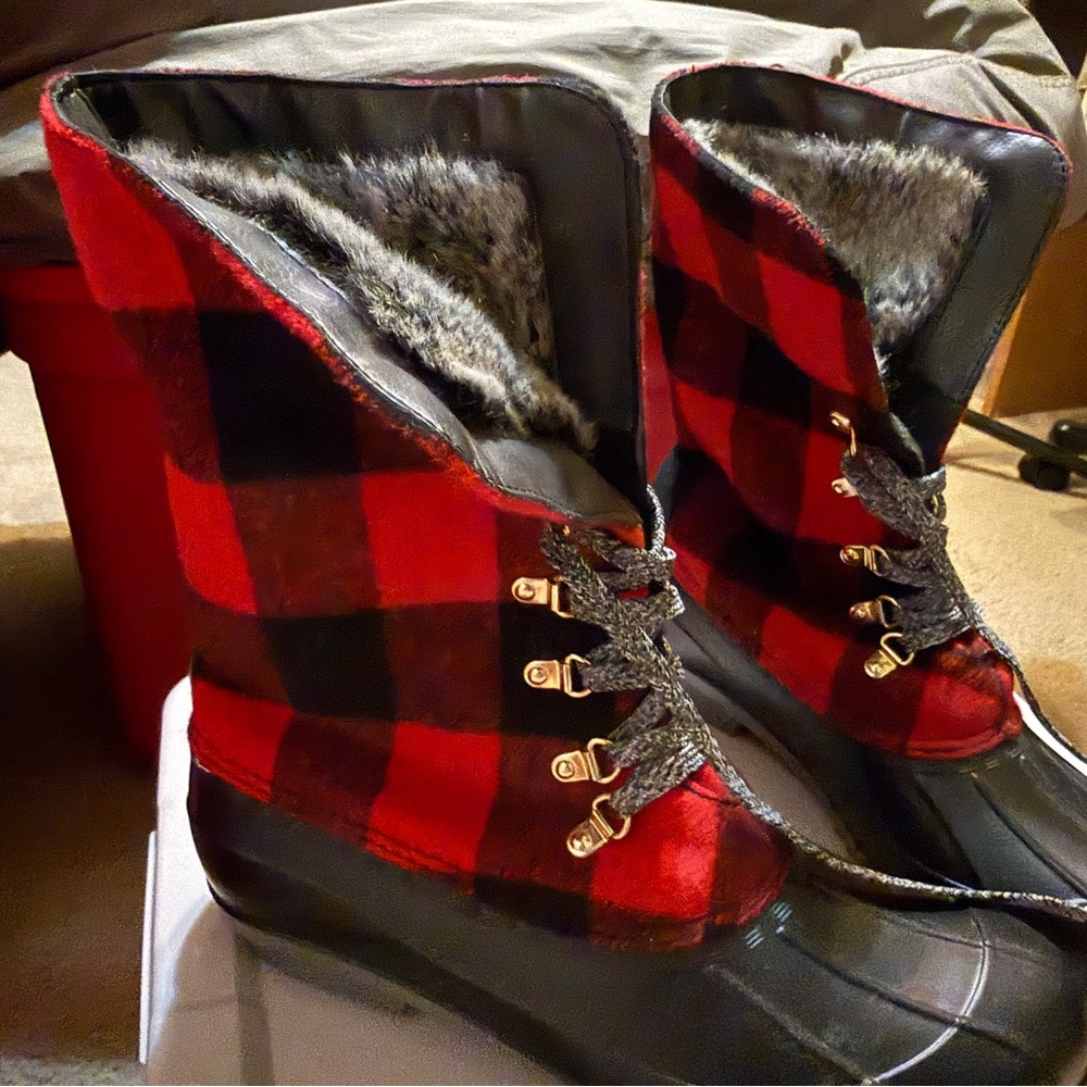 Cato Red and Black Plaid Ankle Boots